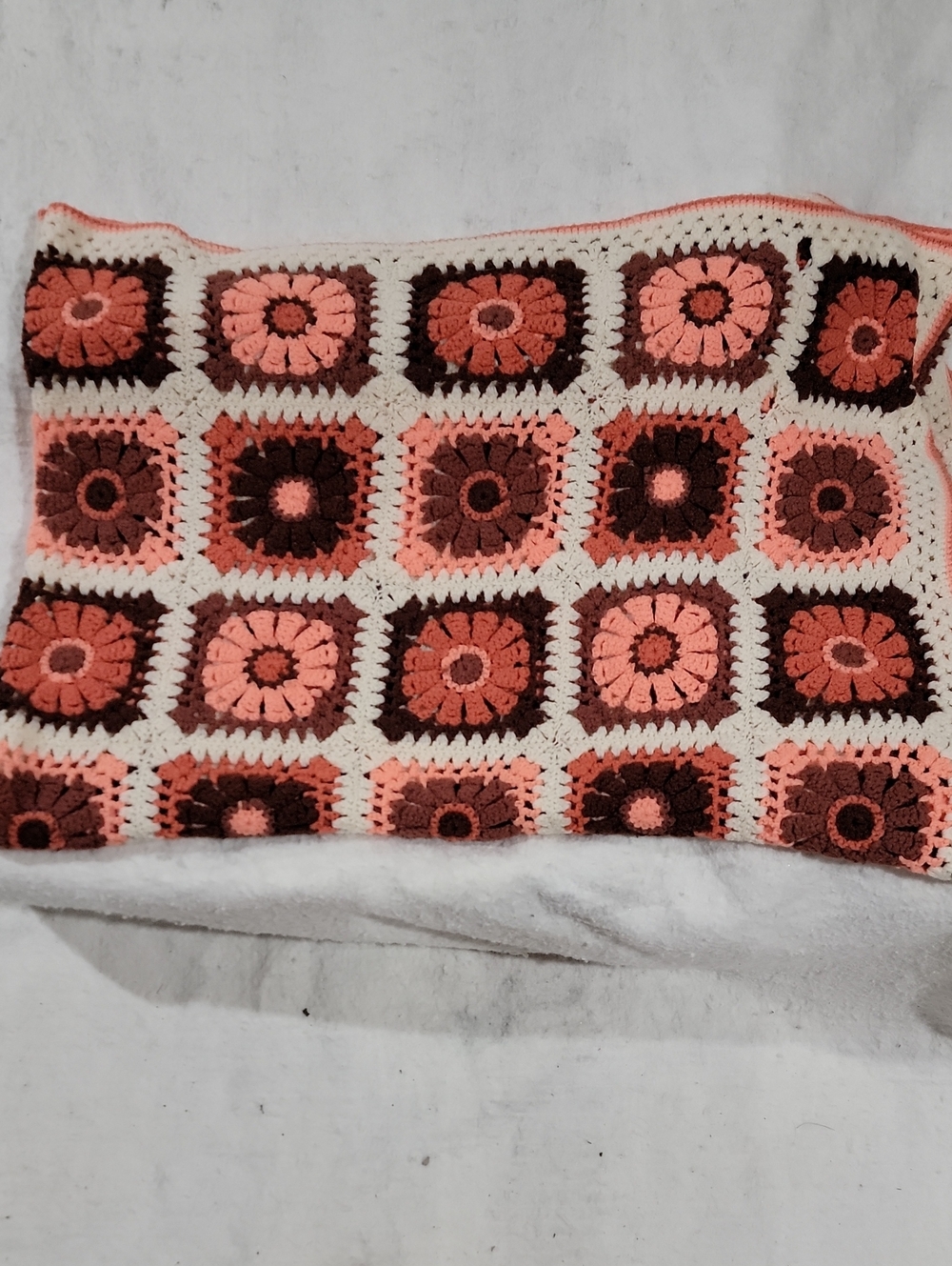 Handmade Crocheted Granny Square Blanket - Peach, Coral, Brown